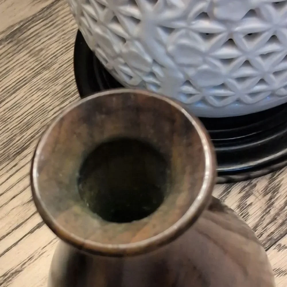 Hand Crafted Elegant Brown Wooden Vase With Green Accents